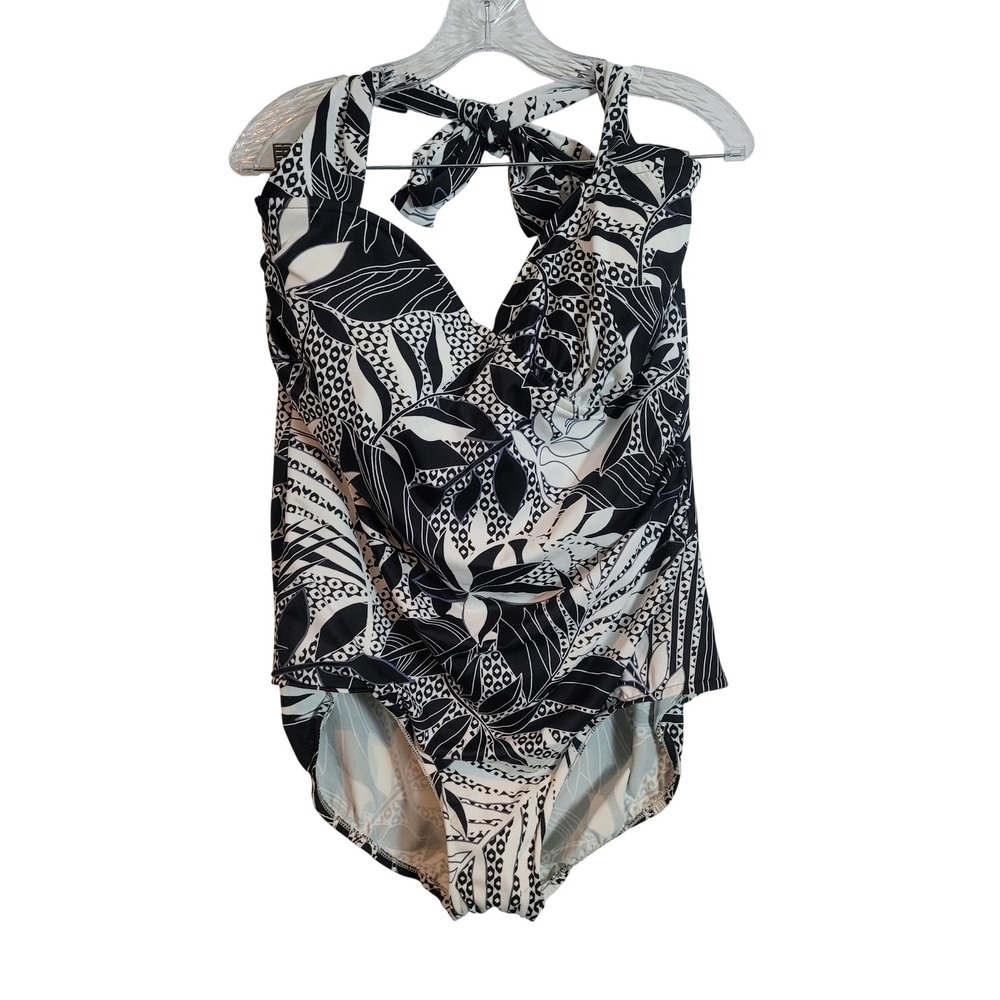 Catalina Womens Size 3X Black White Tropical Halter One Piece Swimsuit NWOT